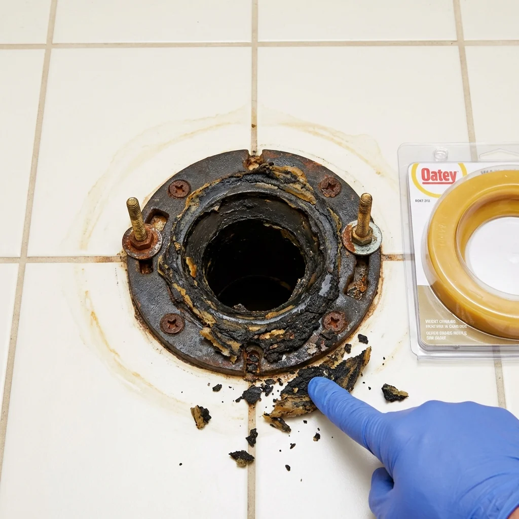 Failed wax ring showing water seepage at the base of a toilet in a Marietta, OK home
