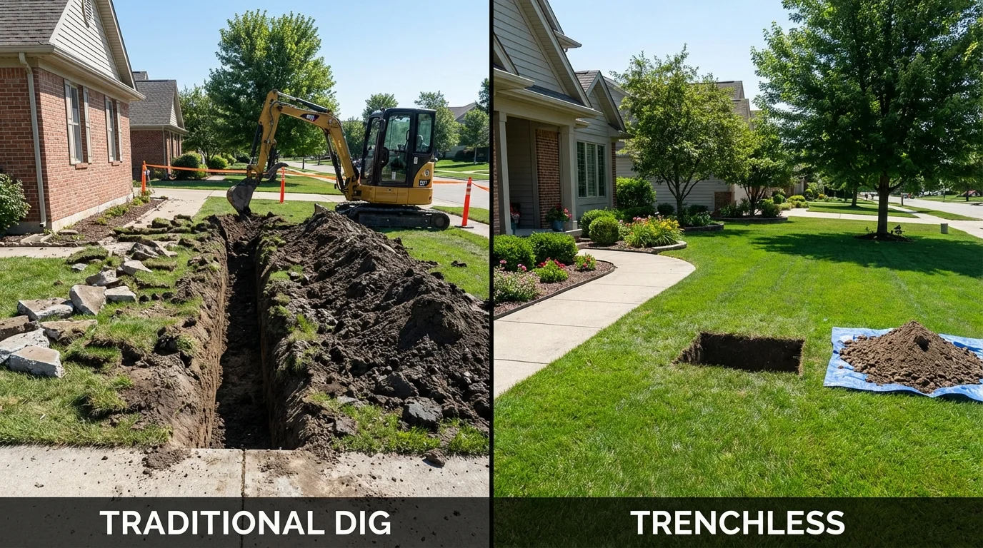 Trenchless sewer repair with minimal yard damage versus traditional excavation in Marietta, OK